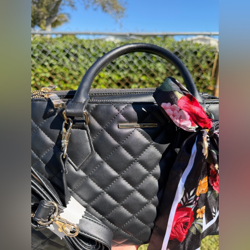 ALDO Black Quilted Shoulder Bag with Floral Scarf - Picture 4 of 14